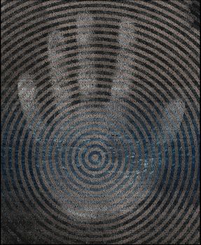 Palm on concentric circles with text of Through the Looking-Glass - Lewis Carroll