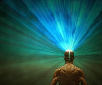 Surrealism. Well built man with rays of light coming out from head.