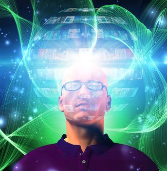 Man views media sphere surrounding his head