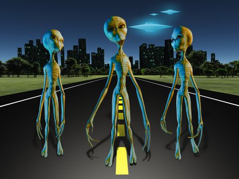 Aliens on road to city. Spacecrafts in the sky