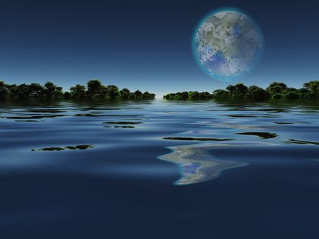 Terraformed Moon. View from Earth or Exo Solar Planet. Calm water and green forest at the horizon
