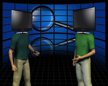 Surrealism. Two men with TV screens instead of head makes a dispute. Wall of screens and magnifier on a background.