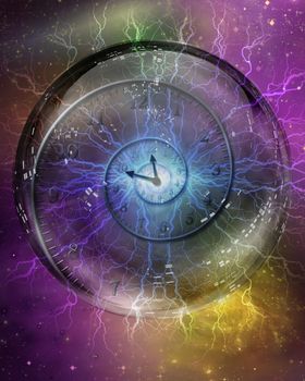 Spiral of time enclosed in crystal sphere. 3D rendering
