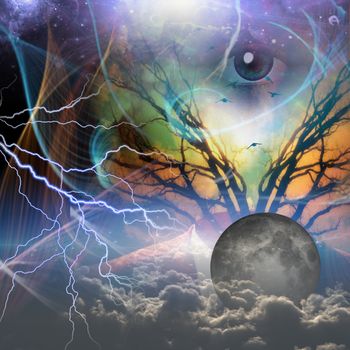 Surrealism. God's eye, moon and clouds. Suit and branches of a tree.