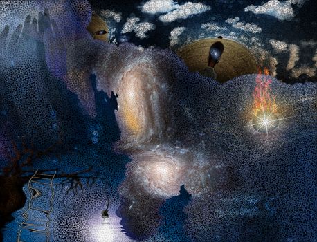 Tree with hanging light bulb human with galaxy mind and floating flaming eye with rectangular shapes and small circles abstract