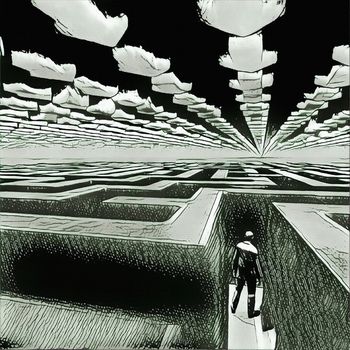 Surreal painting. Man in labyrinth. Clouds in shape of pointers.