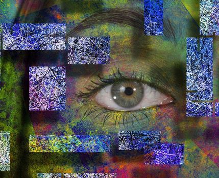 Abstract composition. Woman's eye in colorful background