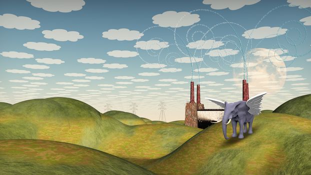 Fantasy landscape with winged elephant.