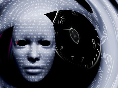 Mask with text stock and time spiral. Warped space. 3D rendering