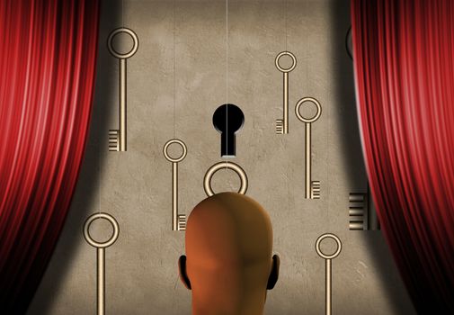 Surrealism. Bald man stands on a stage. Keys and one keyhole symbolizes choice. 3D rendering