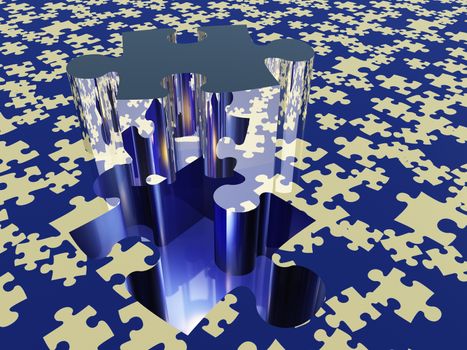 Puzzle piece on puzzle covered surface