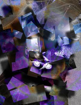 Surrealism. Man's head with opened door to another world. Winged clocks symbolizes flow of time.