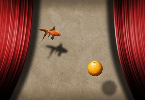 Surreal stage with golden fish and orange fruit. Symbolism - Wishes and Promises. 3D rendering