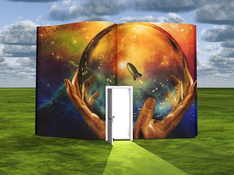 Book with science fiction scene and open doorway of light