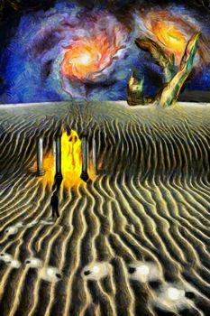 Surreal digital art. White desert planet with Temple of fire. Man in suit is losing light bulbs. Giant stone hand and colorful galaxies at the horizon. Light bulbs symbolizes ideas or thoughts.
