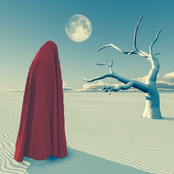 Surreal painting. Figure in red hijab stands at the desert.