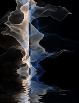 Light fluid, glowing smoke reflects in the water surface. 3D rendering.