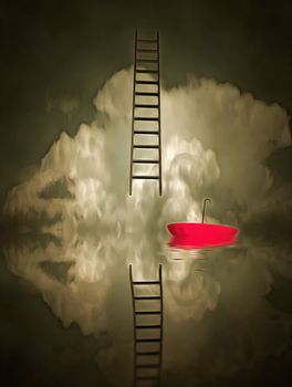 Surreal painting. Red umbrella floats in the water. Ladder to the sky