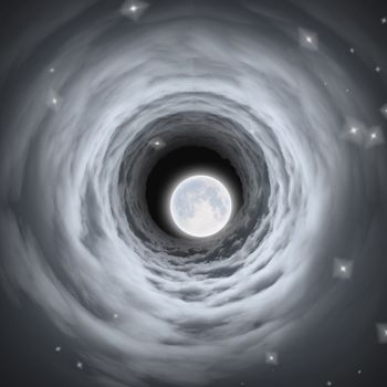 Surrealism. Tunnel in clouds leads to the Moon.