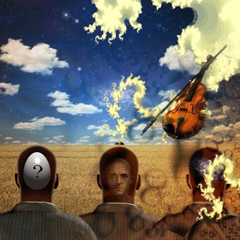 Surreal painting. Three men with questions in heads stands before field. Violin in the sky.