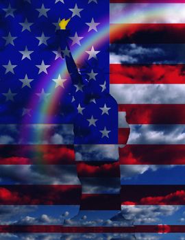 Surreal digital art. USA Flag over clouds and rainbow. Liberty Statue. 3D rendering