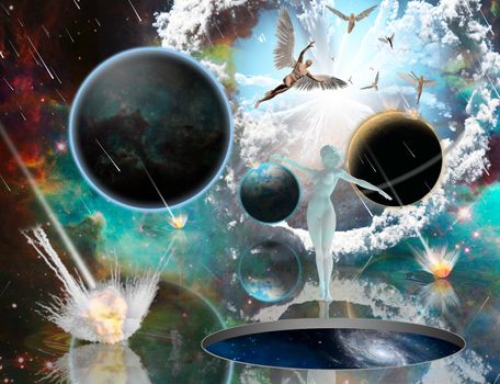 Surreal composition. Armageddon. Asteroids destroy planets. Angels fly in the sky. Woman's statue from white pure marble. Opened wormhole to another dimension is Salvation. 3D rendering