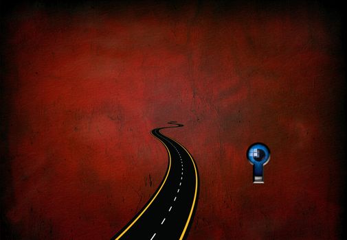 Surreal painting. Road on a red background. Eye behind keyhole.