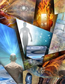 Spiritual layered composition. Surreal dimensions