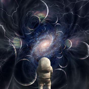 Astronaut stands before fractal space