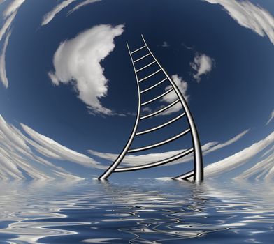 Twisting ladder leads from water surface to the sky.