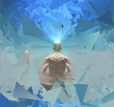 Man radiates light from mind. Geometric background