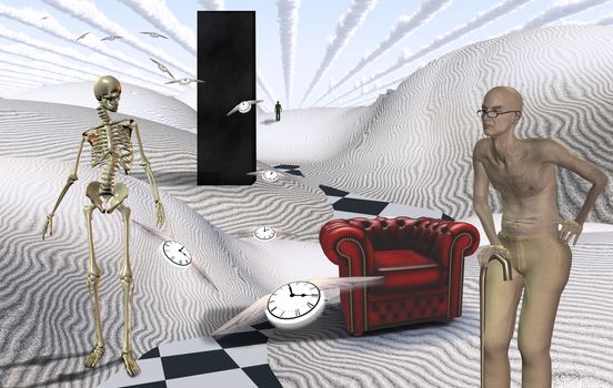 Surreal white desert with Black Monolith. Old man and red armchair. Skeleton. Figure of man in a distance. Winged clocks represents flow of time.