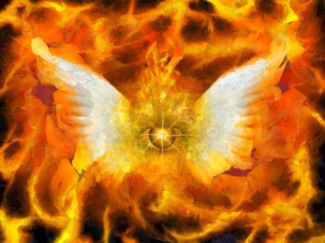 Surreal painting. Burning eye with wings. Flaming background.
