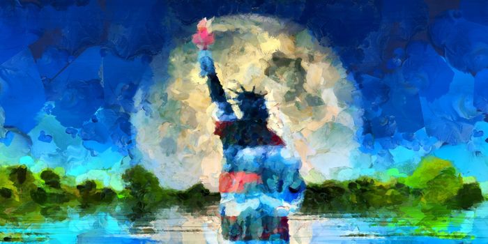 Oil paint, Liberty Statue on Moon rise