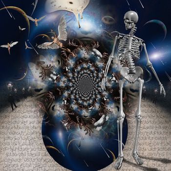 Angels and Skeleton. Space fractal with melting clock. Arabic text background