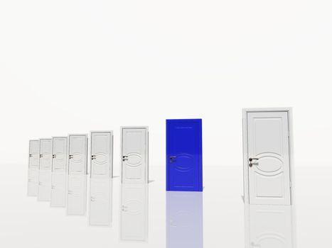 Sinigle  blue door of several diangonaly receding in white space.