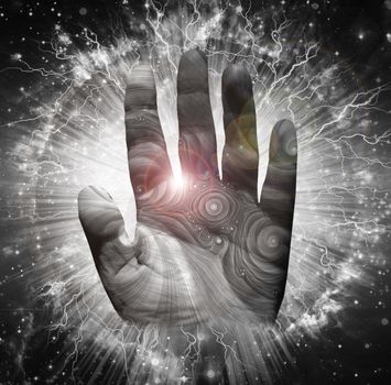 Human palm hand on bright light background
