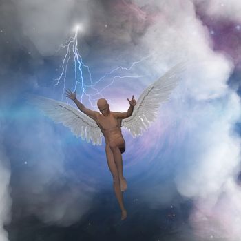 Surrealism. Naked man with wings represents angel.