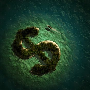 Modern art. Island in shape of dollar sign.