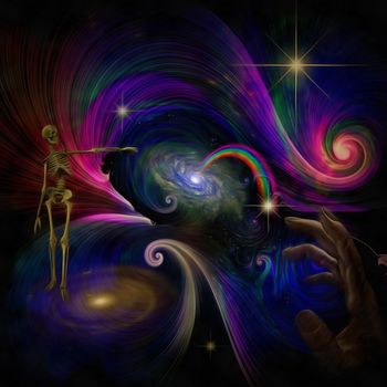 Surreal painting. Vivid universe. Hand of Creator. Skeleton points to bright galaxy with rainbow.
