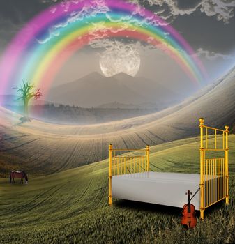 Bed and Violin in Peaceful Landscape with Mountain. Full moon and rainbow in the sky. Horse grazes in the field