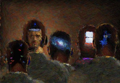 Surreal painting.Different thoughts in men's minds.