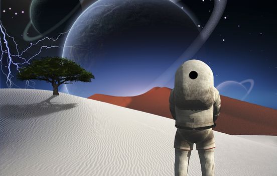 Astronaut stands in surreal white desert. Green tree on a sand dune. Big planets in starry sky. Lightning bolts.