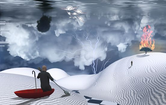 Surreal painting. Man in red umbrella floating on white desert. Figure of man in a distance. Burning tree at the horizon. Winged clocks represents flow of time.
