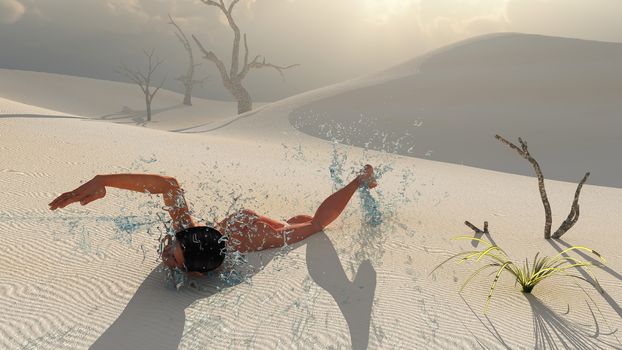 Surreal painting. Woman is swimming on the desert.