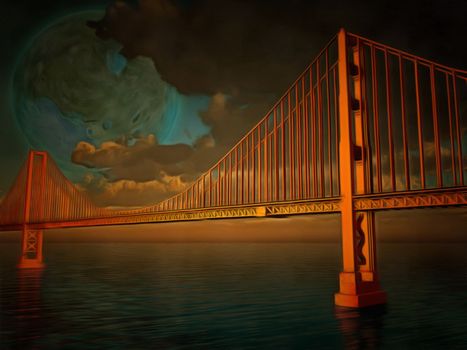 Surreal painting. Golden Gate bridge. Terraformed moon in the sky.