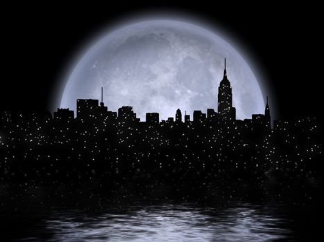 NYC Cityscape reflects in the moon. 3D Rendering. Some elements provided courtesy of NASA.