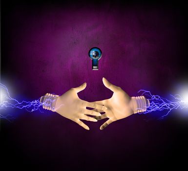 Hands about to shake with eye behind the keyhole