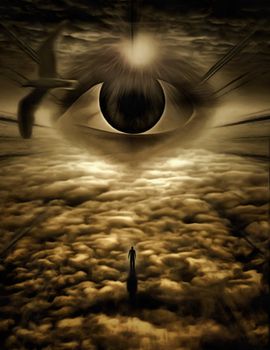 Surreal painting. Giant eye in cloudy sky. Thunderbird. Figure of man in a distance.