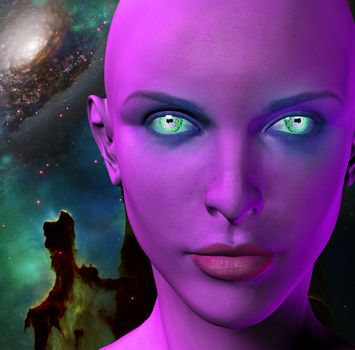 The face of female alien. Colorful universe on a background.